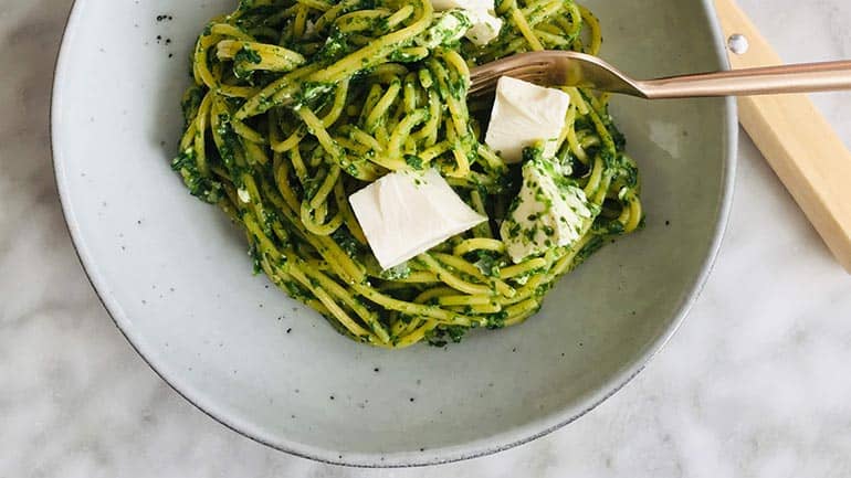 Spaghetti met spinazie en feta