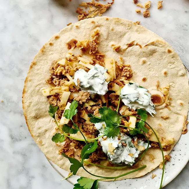Tortilla met pulled seitan eiwitrijk