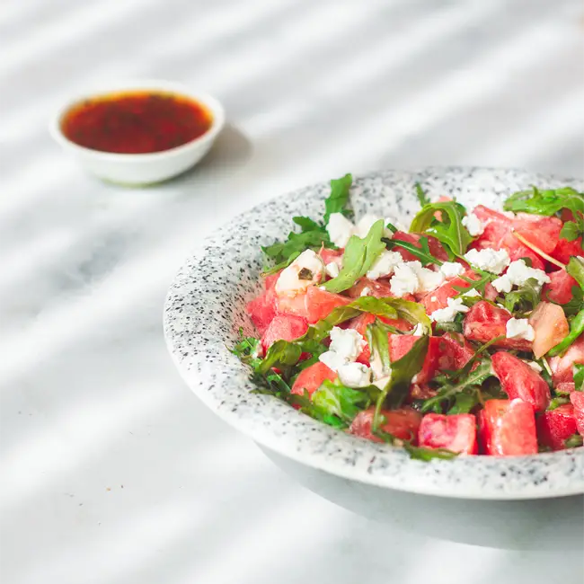 watermeloen-salade-recept Watermeloen met geitenkaas